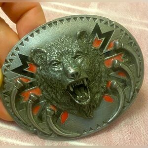 Bear Design Silver and Red Belt Buckle. Vintage (1970-1980). Made in USA